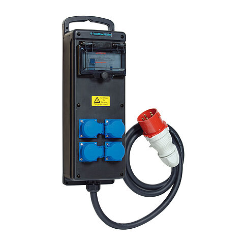 Tragbare Vollgummi-Steckdosenleiste In:16A mit einem RCD TypA, 4 Schukos und Anschluss über Leitung mit 16A Stecker