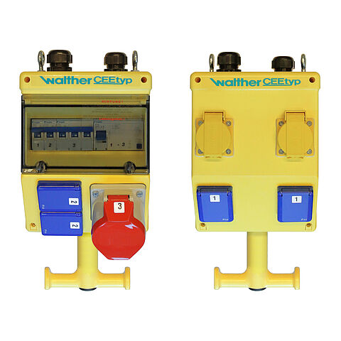 Plastic suspension-type combination In: 40A with one RCD Type A, three MCBs, one CEE outlet 32A, 6 isolated ground receptacles, two RJ45 and connection up to 25 qmm 5P