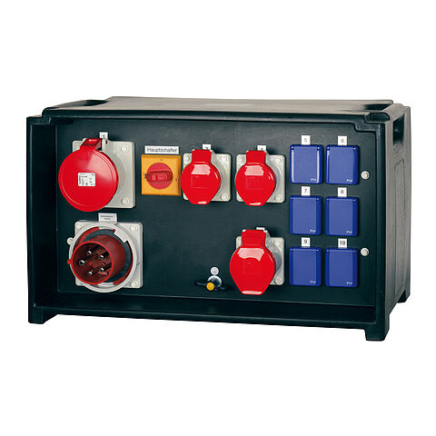 Steckdosenverteiler In:63A mit 4 CEE-Abgänge 16-63A, 6 Schukos, Phasen-, Sequenzanzeige und Anbaugerätestecker 63A