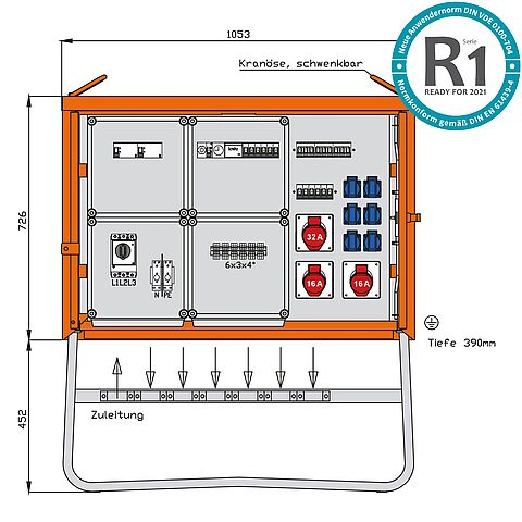 Beleuchtungsverteiler 44kVA mit RCD Typ B und RCD Typ A, digitale Zeitschaltuhr, H-O-A-Schalter, 15 LS, 3 CEE-Abgänge 16-32A und 6 Schukos