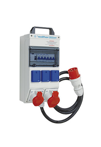 Tragbare Kunststoff-Steckdosenkombination In: 32A mit einem RCD TypA,4 MCBs,2 CEE Abgänge 16-32A, 3 Schukos und Anschluss über Leitung mit 32A Stecker