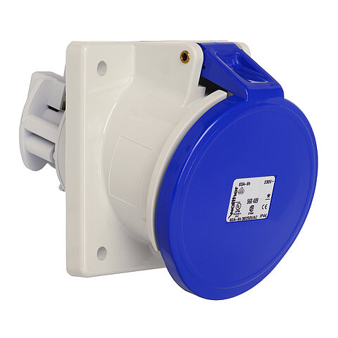 Panel socket angled 63A 4P 9h with flange 107x100mm