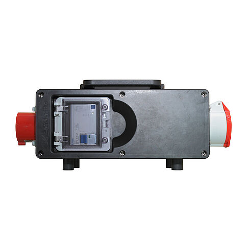 Tragbare Vollgummi-Protectionbox In: 16A mit einem RCD TypB SK MI, einem CEE-Abgang 16A und Anschluss über Anbaugeräterstecker 5x16A