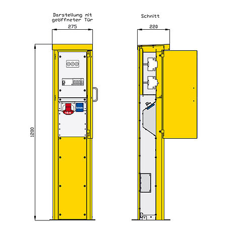 Energiesäule aus Edelstahl mit einem RCD TypA, 2 LS,  einem CEE-Abgang 16A und einer Schuko