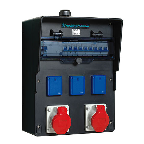 Solid-rubber socket combination In: 48A with one RCD Type A, five MCBs, two CEE outlets 16A, 3 isolated ground receptacles and terminal set K25 10P