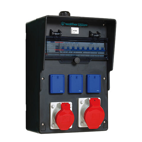 Solid-rubber socket combination In: 40A with one RCD Type A, five MCBs Type C, two CEE outlets 16-32A, 3 isolated ground receptacles and terminal set K25 10P